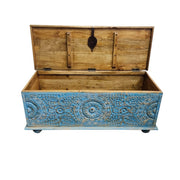 Indian Vintage Hand-Carved Blue Patina Wooden Storage Trunk