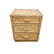 Vintage Bohemian Woven Rattan and Split Bamboo 3 Drawer Bedside Nightstands