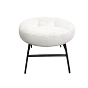 Minimalist Off White Fabric Round Footstool with Tapered Black Metal Legs