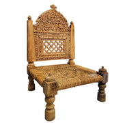 Hand-Carved Rustic Wood Chair with Jute Weave Seat