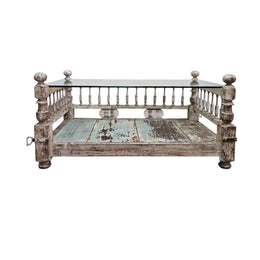Charaka Style Distressed Wood and Glass Top Coffee Table