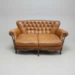 Ornate French Provincial Hand-Carved Leather Loveseat