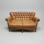 Ornate French Provincial Hand-Carved Leather Loveseat