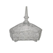 Faceted Vintage Cut Crystal Triangular Footed Candy Dish with Finial Lid