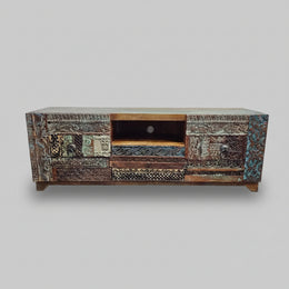 Heritage Reclaimed Wood Intricately Carved Patchwork TV Console