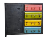 Industrial Matte Black Metal Credenza with Multi-Colored Trunk Drawers