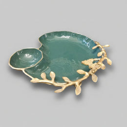 Enchanting Botanical Brass and Sage Green Enamel Fruit Tray