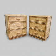 Vintage Bohemian Woven Rattan and Split Bamboo 3 Drawer Bedside Nightstands