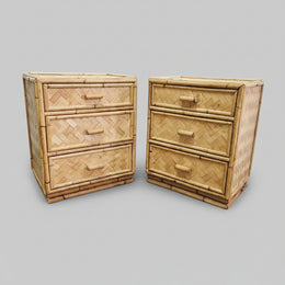 Vintage Bohemian Woven Rattan and Split Bamboo 3 Drawer Bedside Nightstands