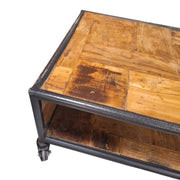 Reclaimed Parquet Top Industrial Coffee Table with Casters