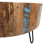 Rustic Reclaimed Timber Drum Coffee Table with Iron Hairpin Legs