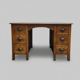 Classic Solid Oak Double Pedestal Six Drawer Writing Desk