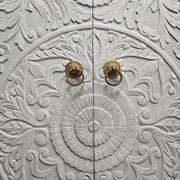 Hand-Carved Mandala Wooden Cabinet in Distressed White