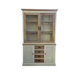 French Farmhouse Distressed White and Natural Timber Glass Display Dresser Cabinet
