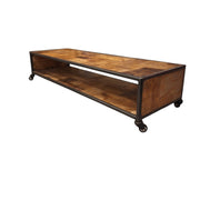 Reclaimed Parquet Top Industrial Coffee Table with Casters