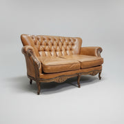 Ornate French Provincial Hand-Carved Leather Loveseat