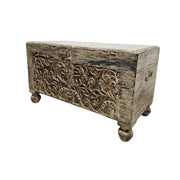Hand-Carved Vintage Wooden Trunk with Distressed Finish