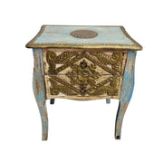 Artisan Carved Bohemian Nightstand in Distressed Blue & Gold