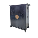 Traditional Black Chinese Wooden Bar Cabinet with Brass Medallion