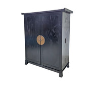 Traditional Black Chinese Wooden Bar Cabinet with Brass Medallion