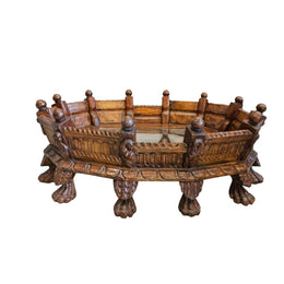 Rustic Hand-Carved Wooden Centre Table with Glass Insert