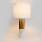 Contemporary Brushed Brass and White Marble Cylindrical Table Lamp