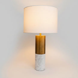 Contemporary Brushed Brass and White Marble Cylindrical Table Lamp