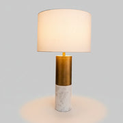 Contemporary Brushed Brass and White Marble Cylindrical Table Lamp