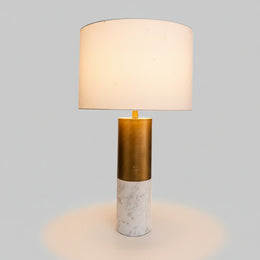 Contemporary Brushed Brass and White Marble Cylindrical Table Lamp