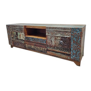 Heritage Reclaimed Wood Intricately Carved Patchwork TV Console