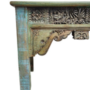 Artisanal Hand-Carved Console Table with Distressed Verdigris Finish
