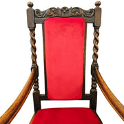 Grand Carved Oak Velvet Barley Twist Antique Armchair