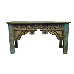 Artisanal Hand-Carved Console Table with Distressed Verdigris Finish