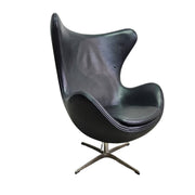 Arne Jacobsen Style Black Leather Egg Swivel Lounge Chair