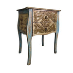 Artisan Carved Bohemian Nightstand in Distressed Blue & Gold