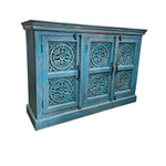 Detailed Mandala Carved Blue Distressed Wood Three Door Sideboard