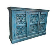Detailed Mandala Carved Blue Distressed Wood Three Door Sideboard