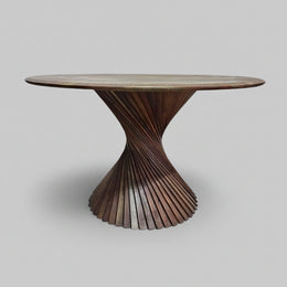 Contemporary Japandi Twisted Slat Acacia Wood Round Dining Table