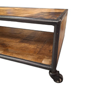Reclaimed Parquet Top Industrial Coffee Table with Casters