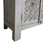 Handcrafted Distressed Grey Carved Floral Solid Wood Sideboard