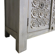 Handcrafted Distressed Grey Carved Floral Solid Wood Sideboard