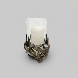 Faux Antler Bronze Metal and Glass Hurricane Candle Holder