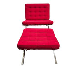 Mid-Century Red Fabric Barcelona Style Chair and Ottoman