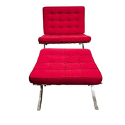 Mid-Century Red Fabric Barcelona Style Chair and Ottoman