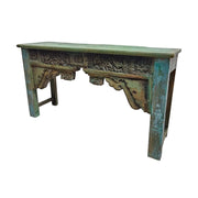 Artisanal Hand-Carved Console Table with Distressed Verdigris Finish