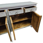 Handcrafted Distressed Grey Carved Floral Solid Wood Sideboard