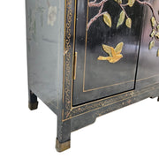 Vintage Oriental Black Lacquered Raised Relief Accent Cabinet