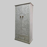 Hand-Carved Mandala Wooden Cabinet in Distressed White