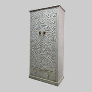 Hand-Carved Mandala Wooden Cabinet in Distressed White