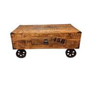 Industrial Style Wooden Coffee Table with Metal Wheels